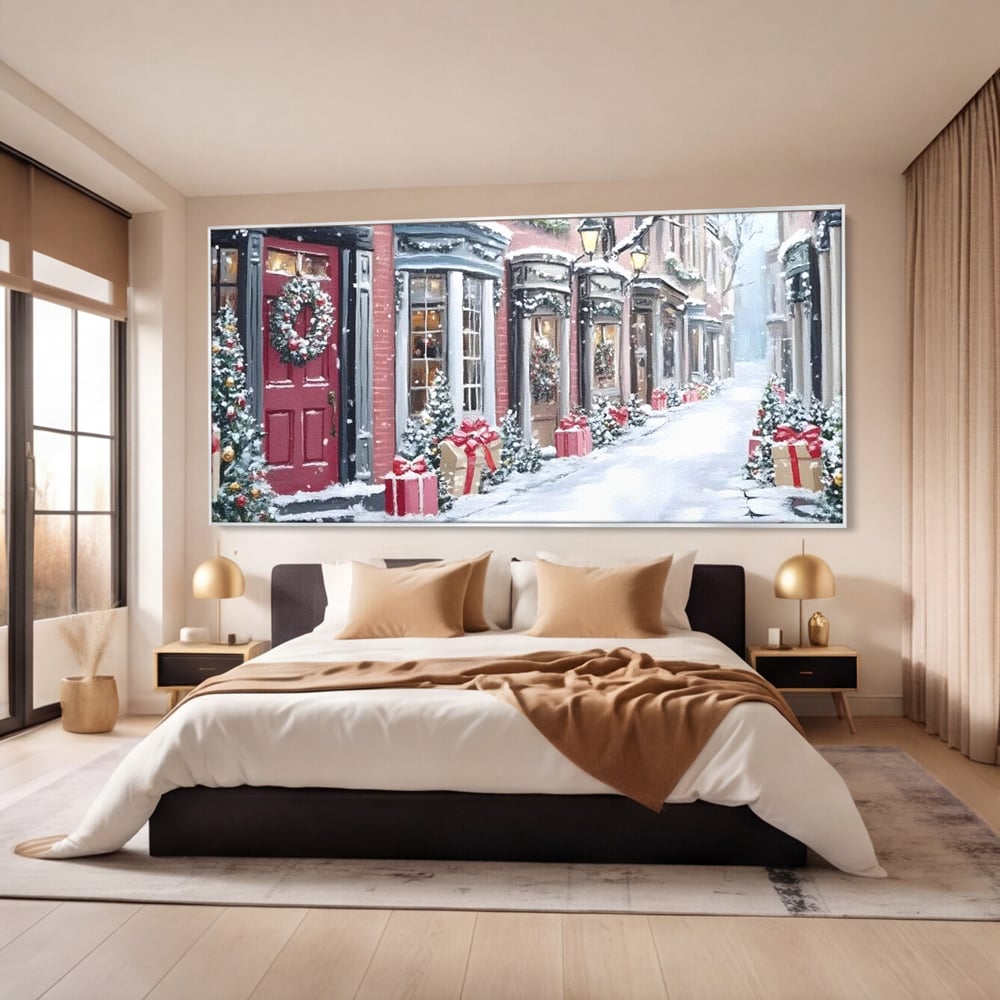 Tablou canvas cu tablou canvas cu strada urbana de iarna, in rama de aluminiu argintiu, pe perete intr-un dormitor